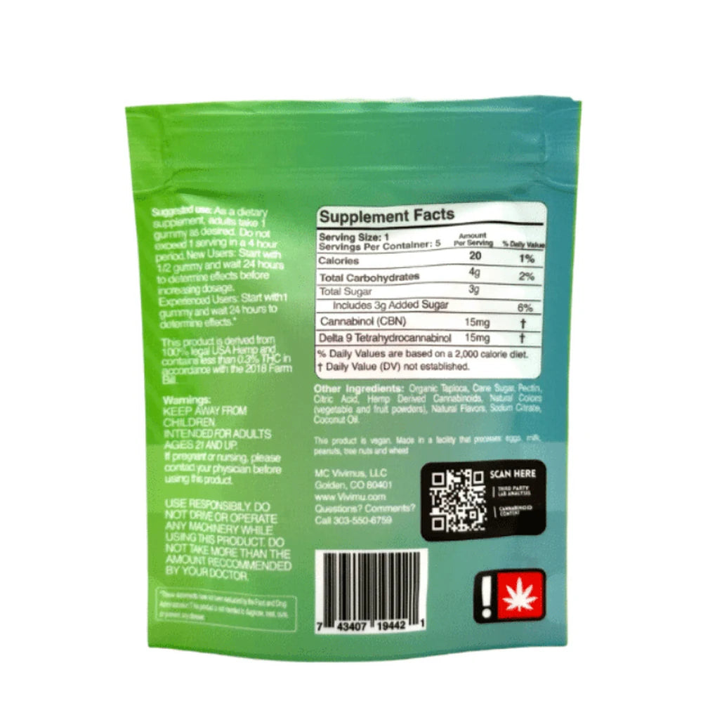 Vivimu Watermelon D9 + CBN gummies bag back, Supplement Facts