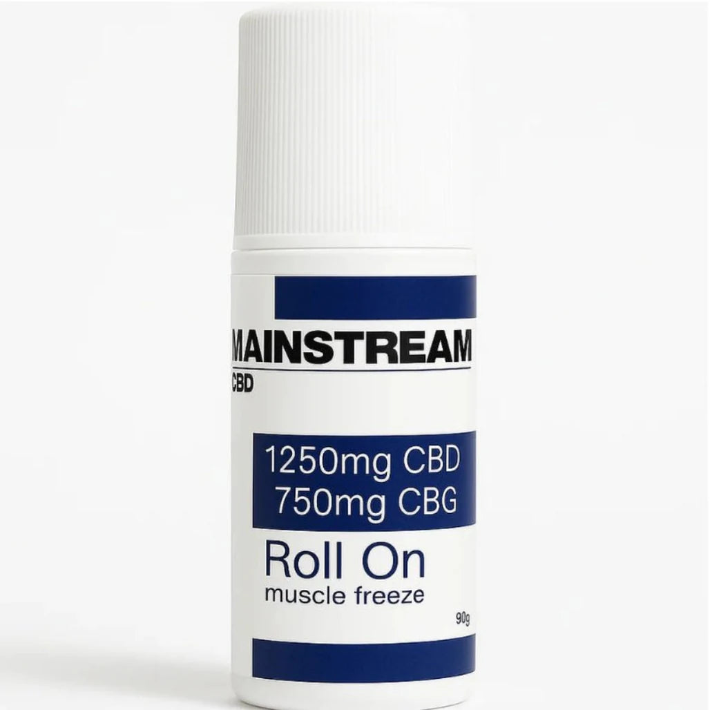 Mainstream CBD Muscle Freeze Roll-On, 1250mg CBD + 750mg CBG, 3oz (90g) white roll-on bottle
