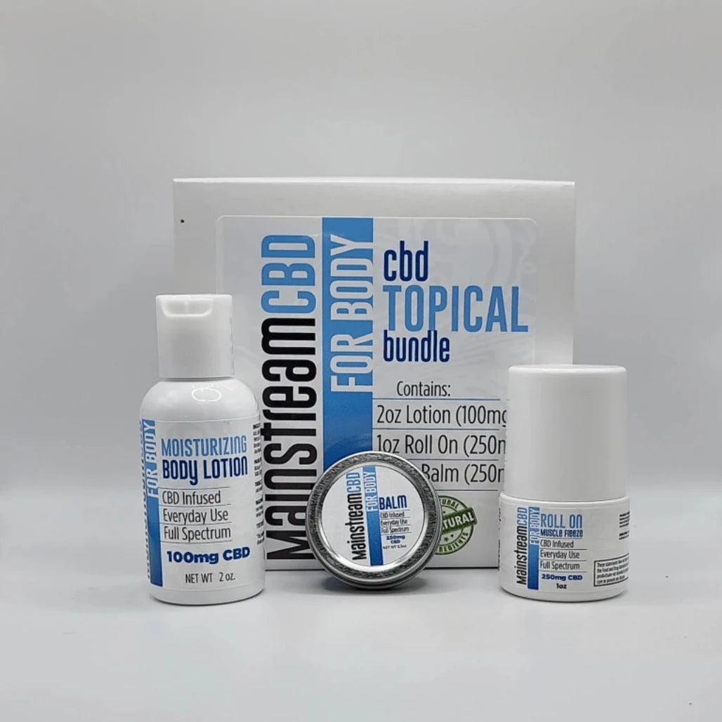 Mainstream CBD For Body topical bundle: 2oz moisturizing body lotion (100mg CBD), 0.5oz balm (250mg CBD), and 1oz Muscle Freeze roll-on (250mg CBD) with gift box