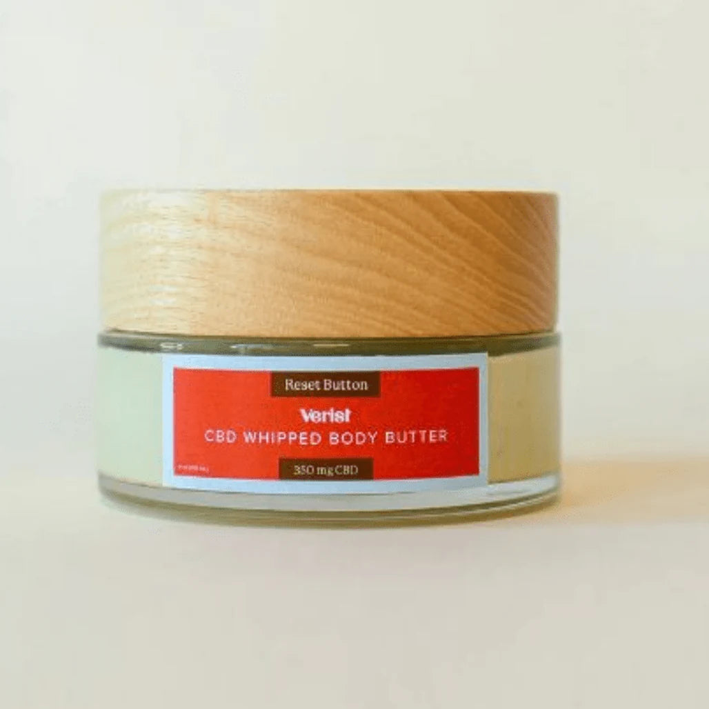 Verist Reset Button CBD Whipped Body Butter jar, 350mg CBD, front label