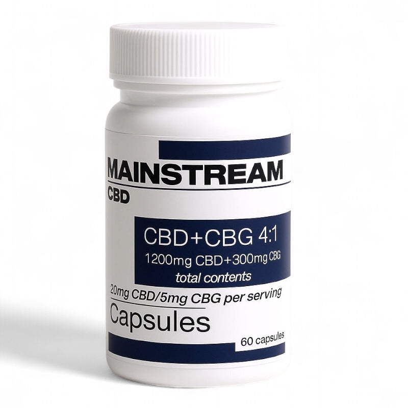 Bottle of Mainstream CBD + CBG capsules on a white background