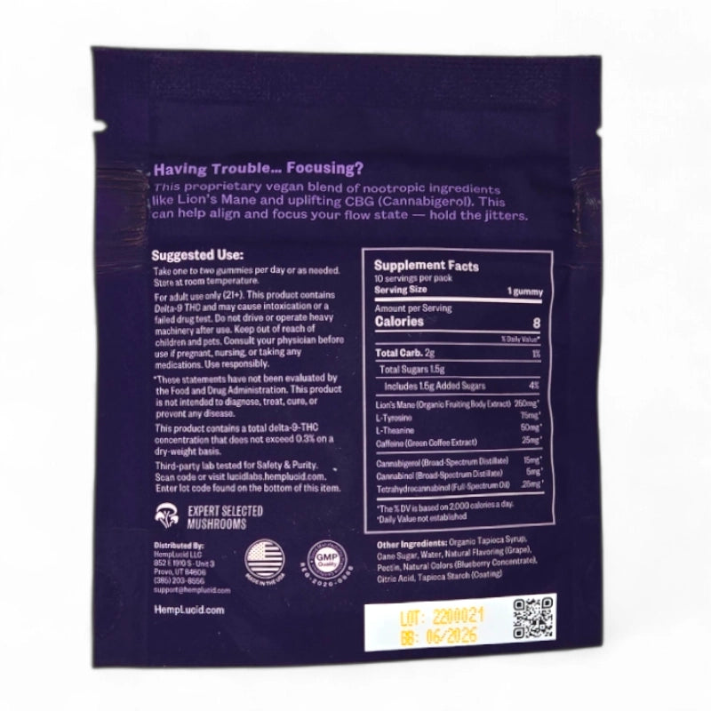 Hemp Lucid Focus Sleep Stress - Herb & Mushroom CBN THC CBG CBD Gummies 10ct