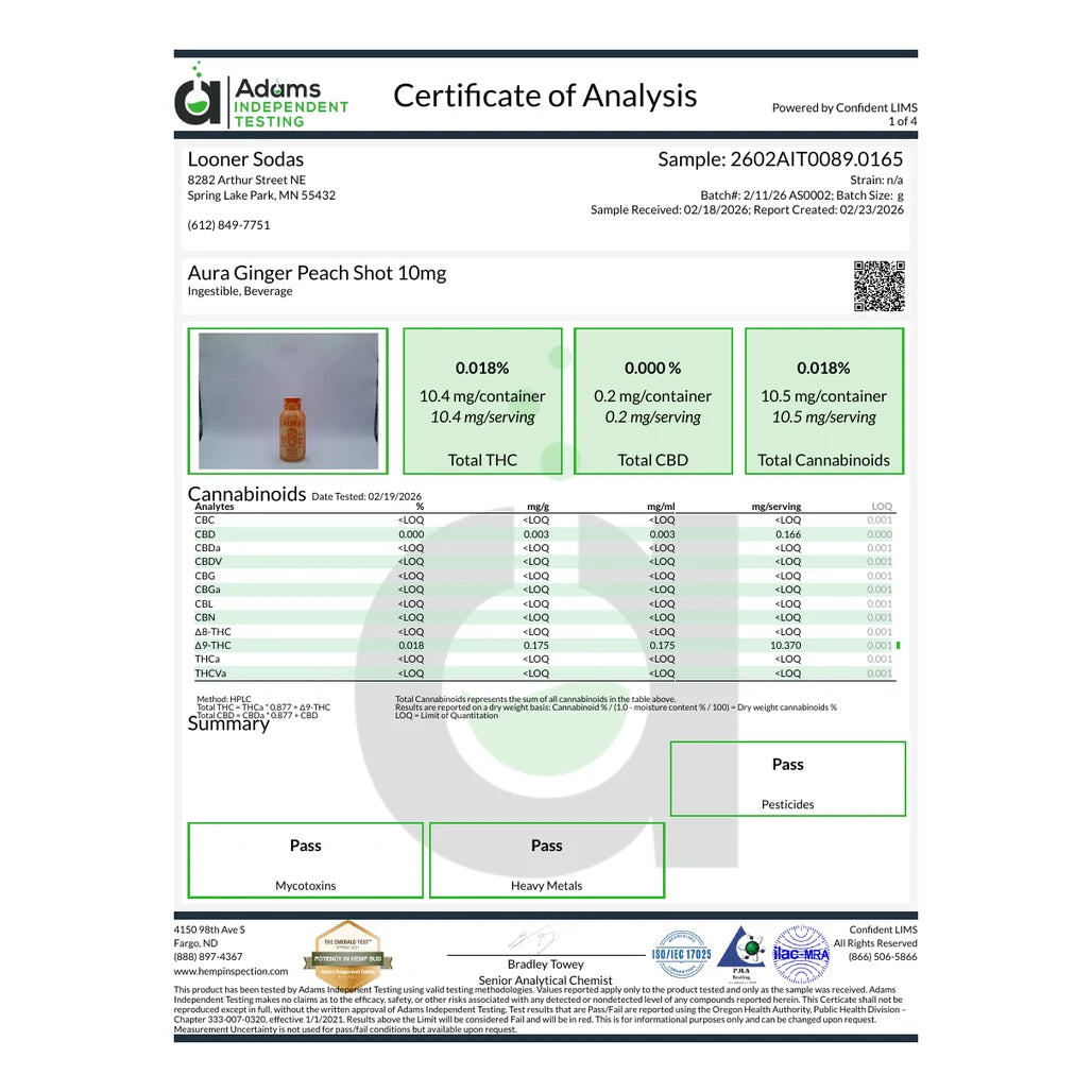 Certificate of analysis: Adams Independent Testing, Ginger Peach, batch AS0002, reported Feb 23, 2026