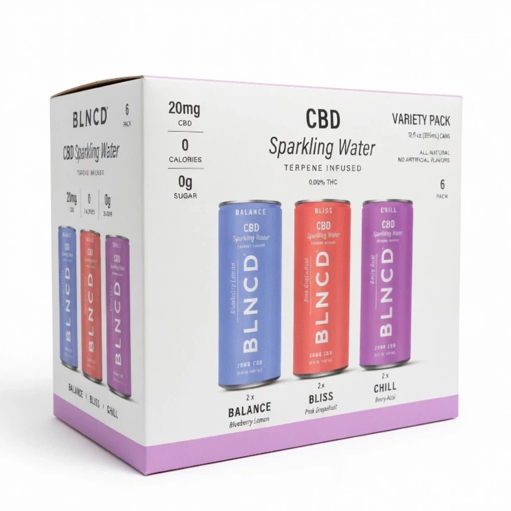 BLNCD CBD Sparkling Waters 20mg – Bliss (Pink Grapefruit), Balance (Blueberry Lemon), Chill (Berry Acai) 6-Pack Variety