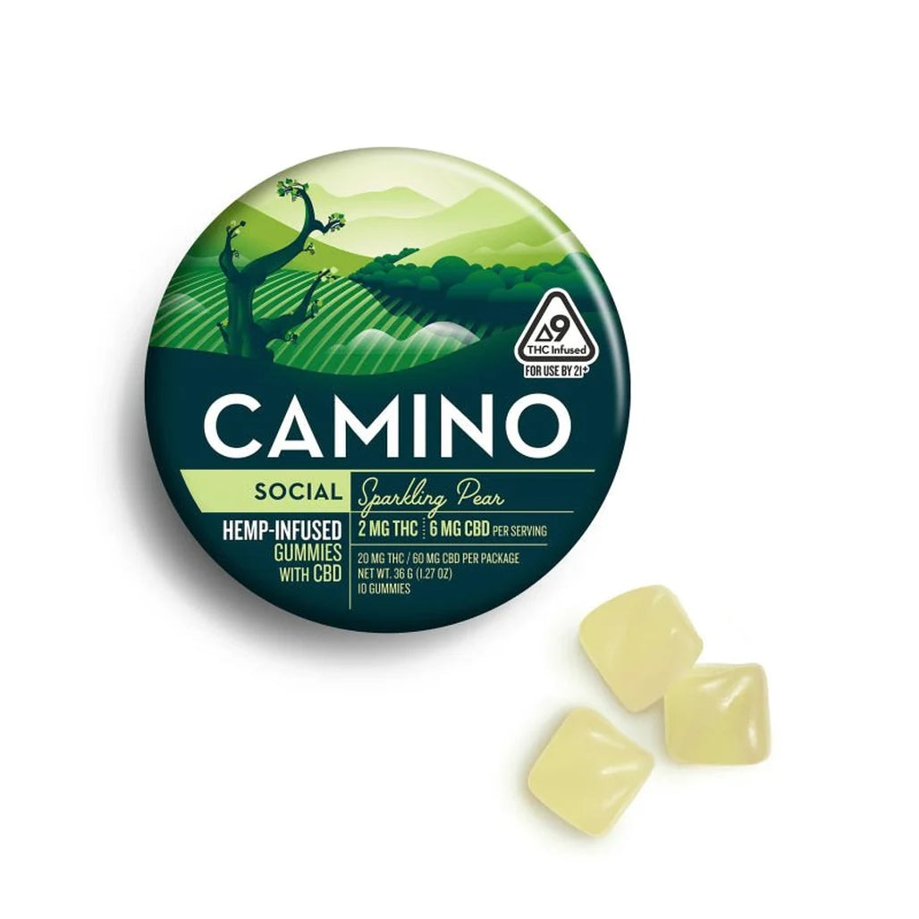 Camino Sparkling Pear 2mg THC + 6mg CBD hemp gummies tin