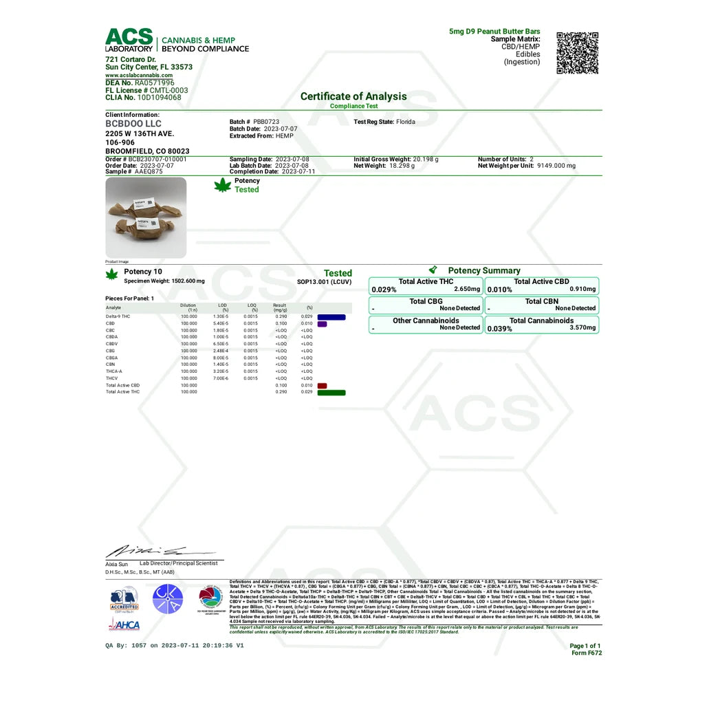 Certificate of analysis: ACS Laboratory, 5mg D9 Peanut Butter Bars, batch PBB0723, Jul 11, 2023