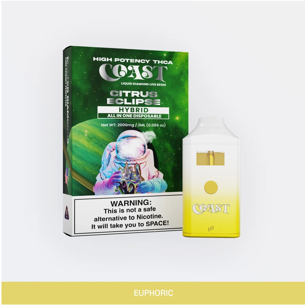 Coast THCA Liquid Diamond Live Resin 2g disposable, Citrus Eclipse (hybrid), box and device