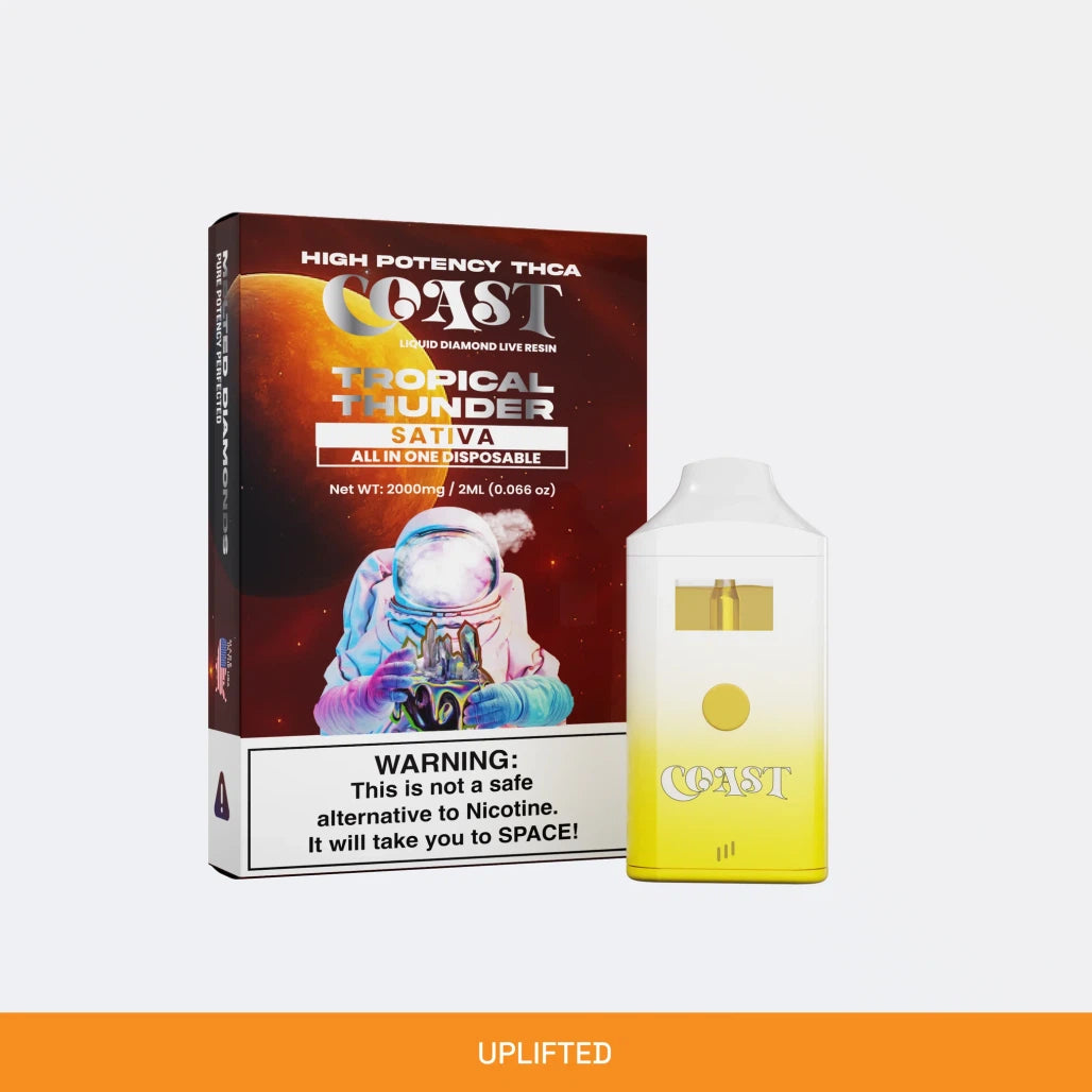 Coast THCA Liquid Diamond Live Resin 2g disposable, Tropical Thunder (sativa), box and device
