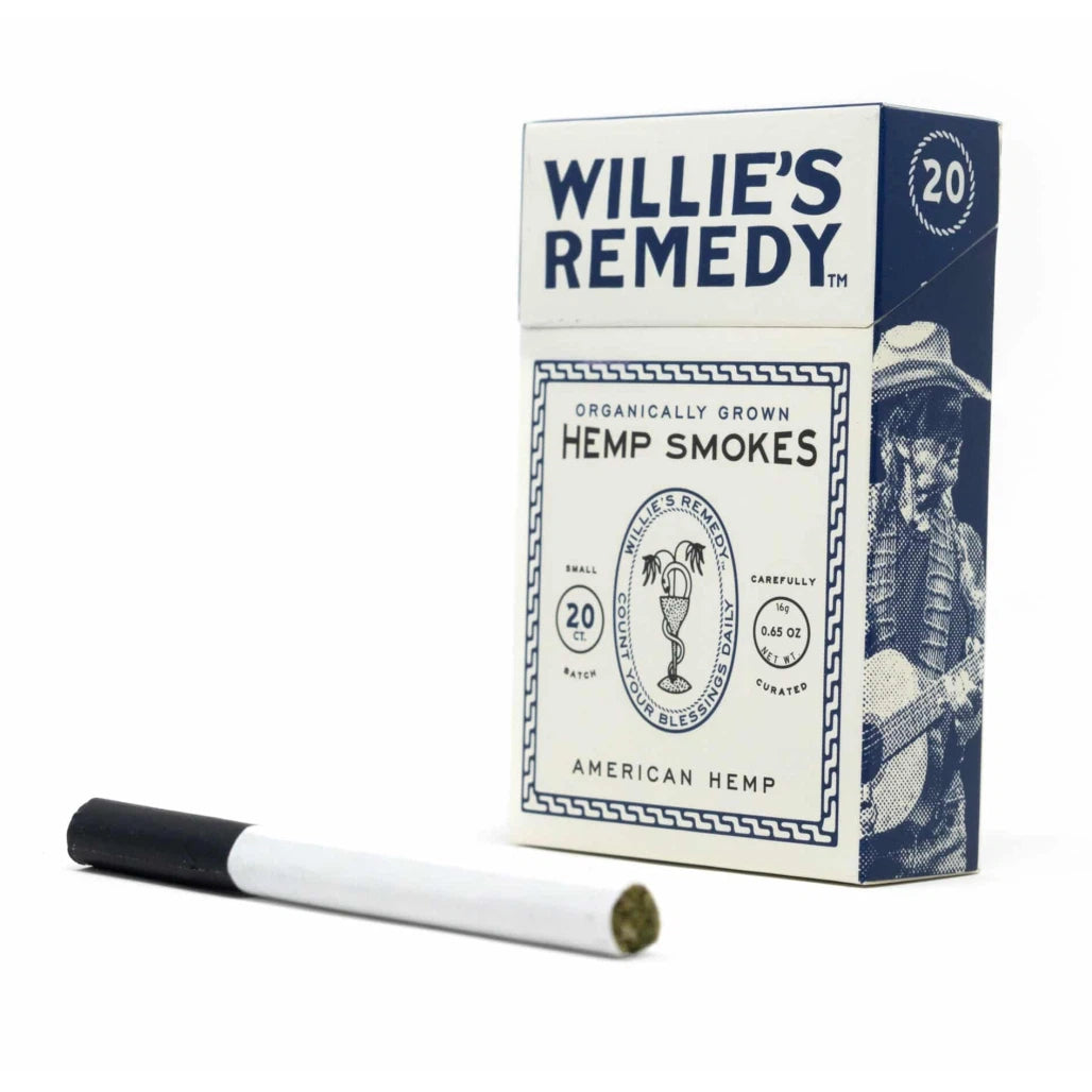 Willie's Remedy Hemp Smokes 20 count pack with a hemp cigarette