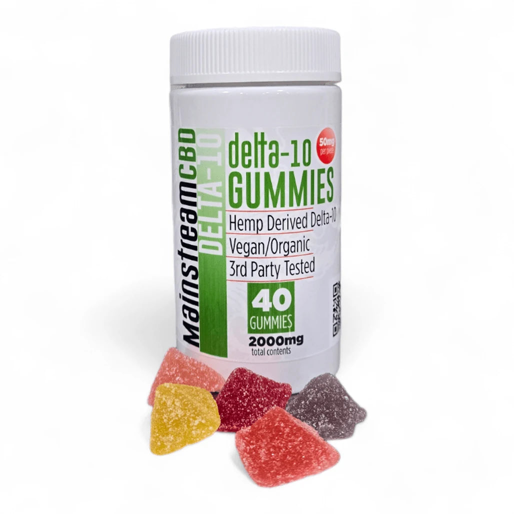 Mainstream CBD Delta-10 Gummies jar, 40 count, 2,000mg, with mixed fruit gummies