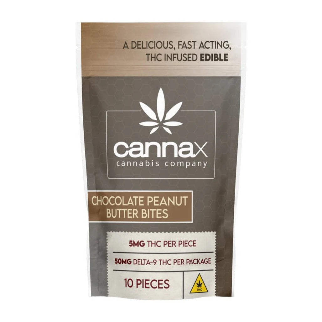 CannaX Chocolate Peanut Butter Bites bag, 5mg THC per piece, 10 pieces