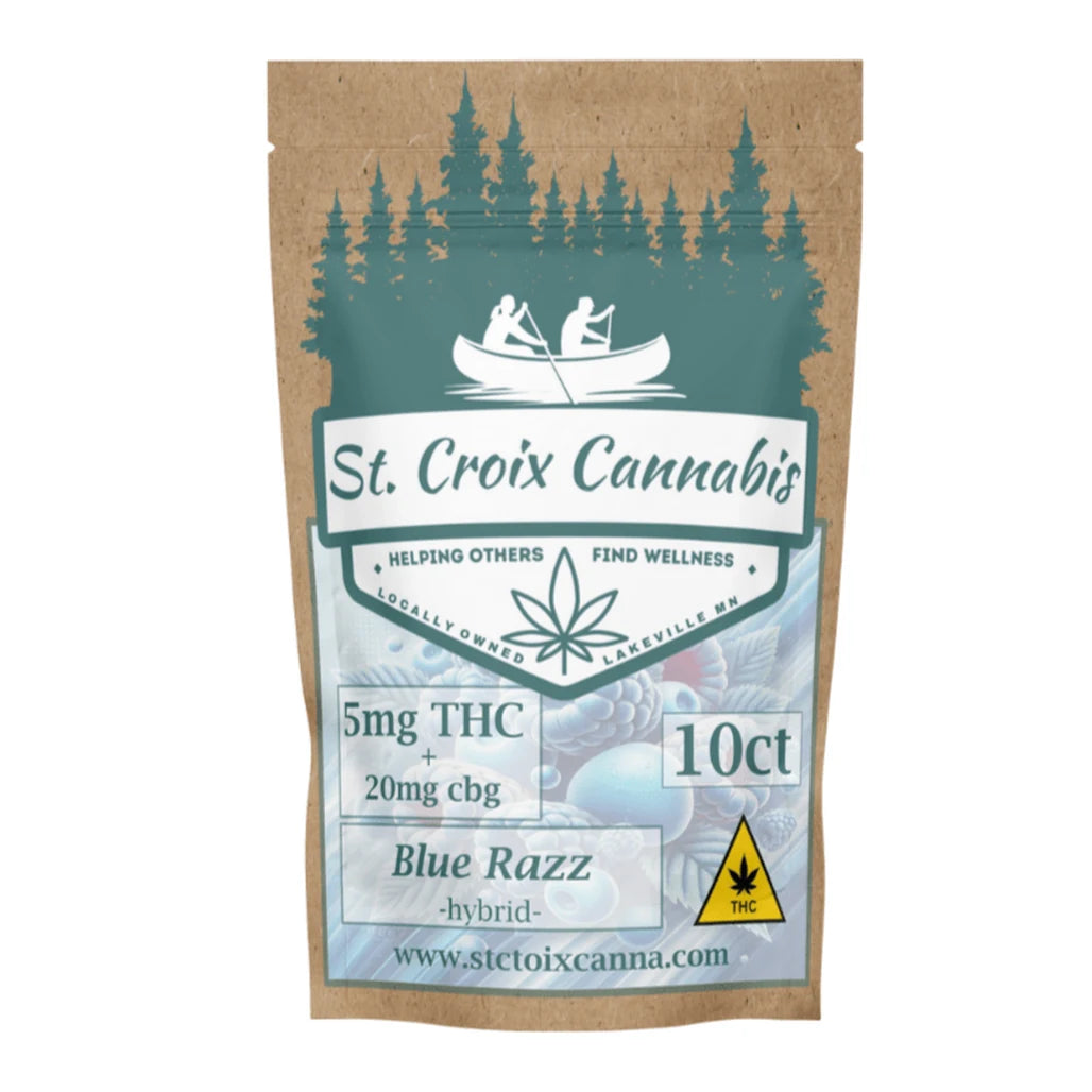 St. Croix Cannabis Delta-9 THC + CBG Gummies pouch, Blue Razz, 5mg THC + 20mg CBG, 10 count