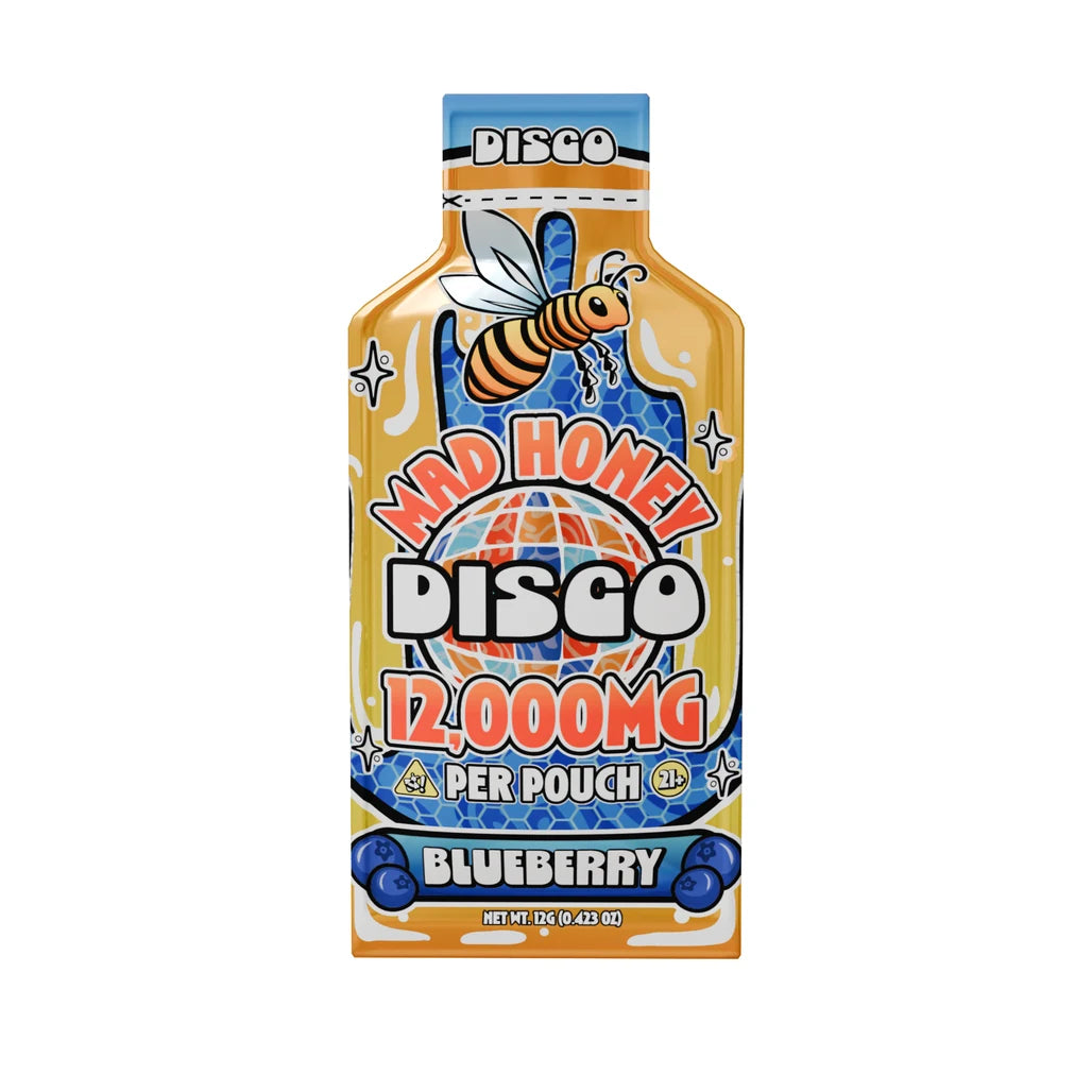 Disco Mad Honey 12,000mg (12g) single-serve pouch, Blueberry, front