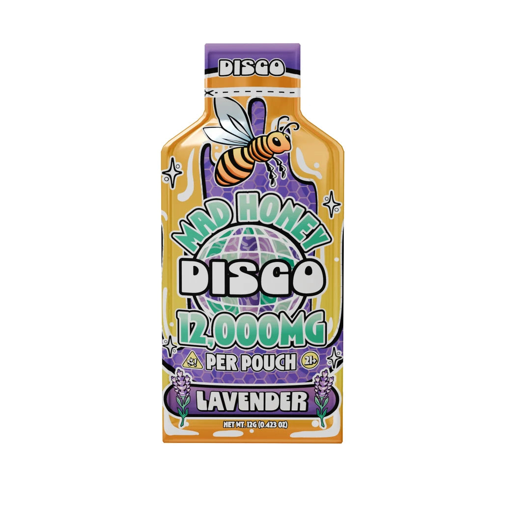Disco Mad Honey 12,000mg (12g) single-serve pouch, Lavender, front