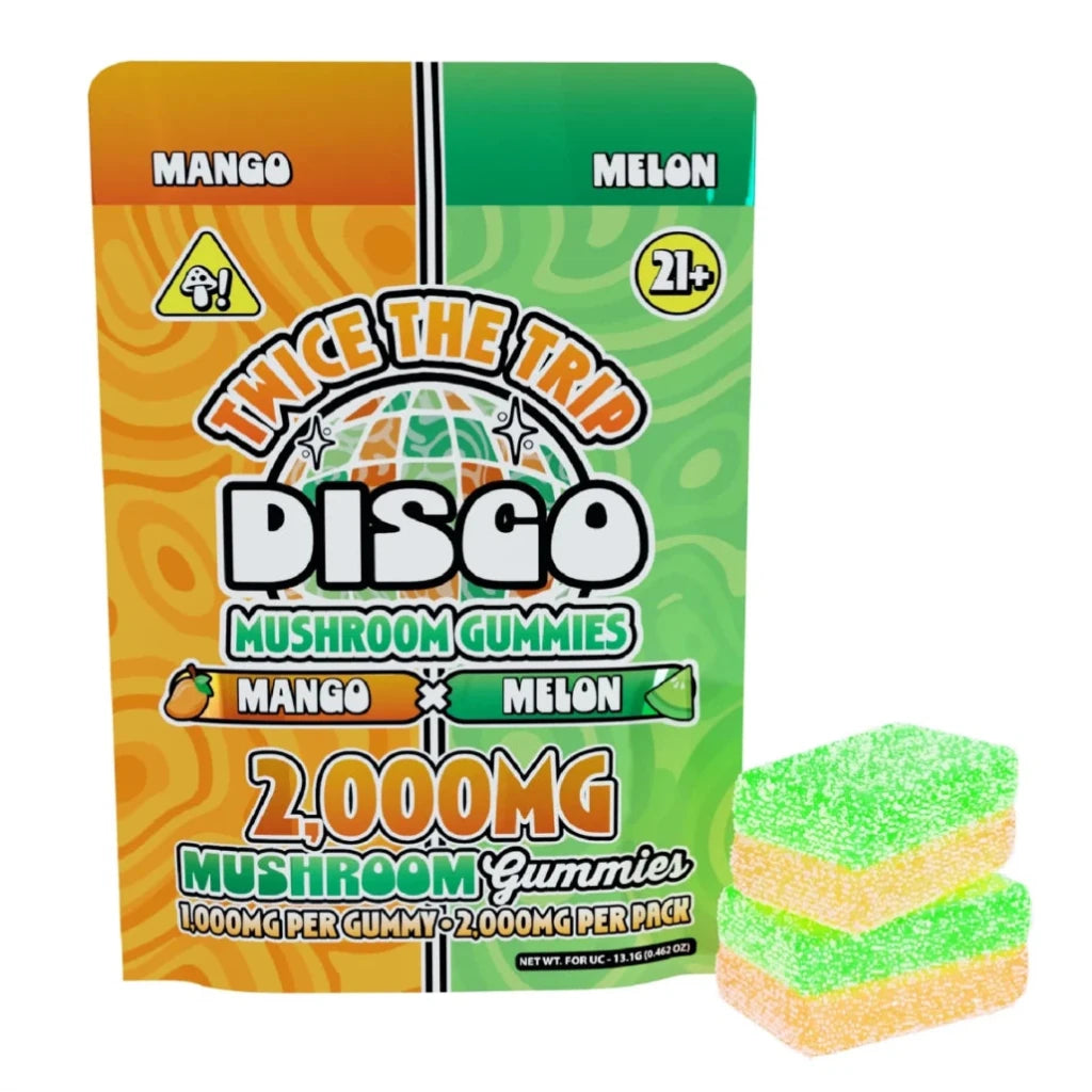 Disco Mushrooms Twice The Trip 2000mg Mushroom Gummies Mango x Melon Flavor Psychotropic Edibles