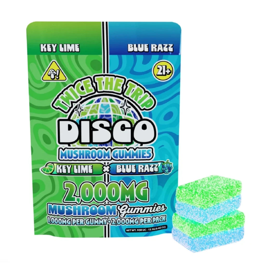 Disco Mushrooms 2000mg Legal Mushroom Gummies Key Lime x Blue Razz Flavor 2 Count Pack