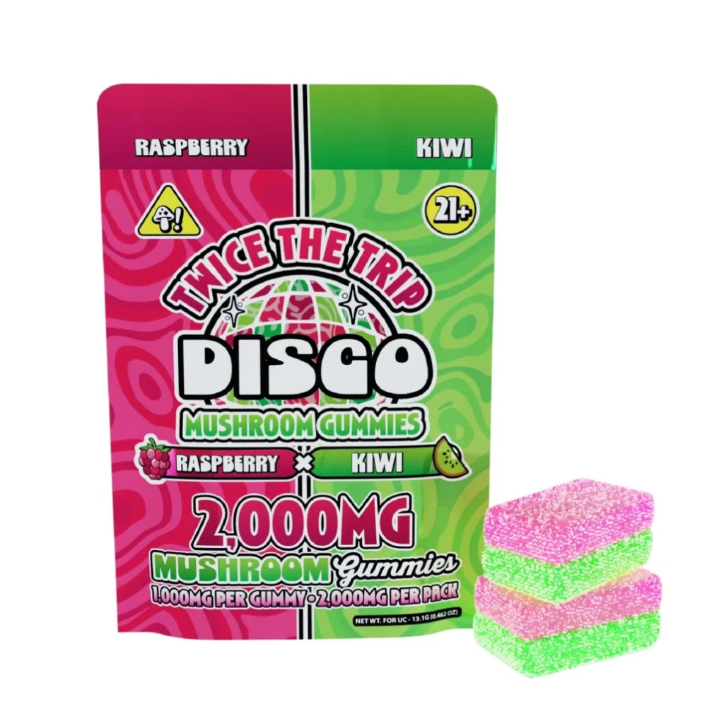 Disco Mushrooms Twice The Trip Double Stack Gummies 2000mg Raspberry x Kiwi Mushroom Blend