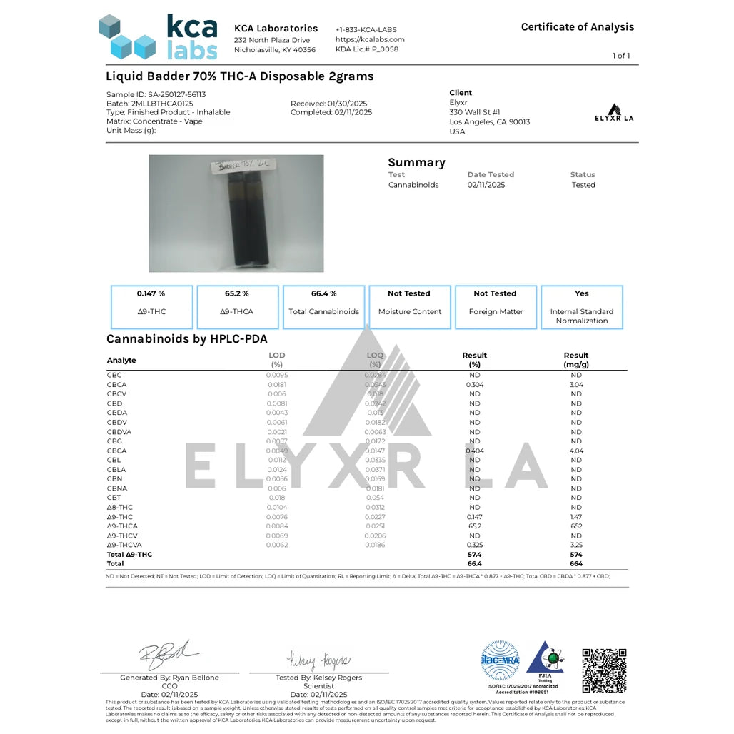Certificate of analysis: Elyxr LA Liquid Badder THCa disposable 2g, KCA Laboratories