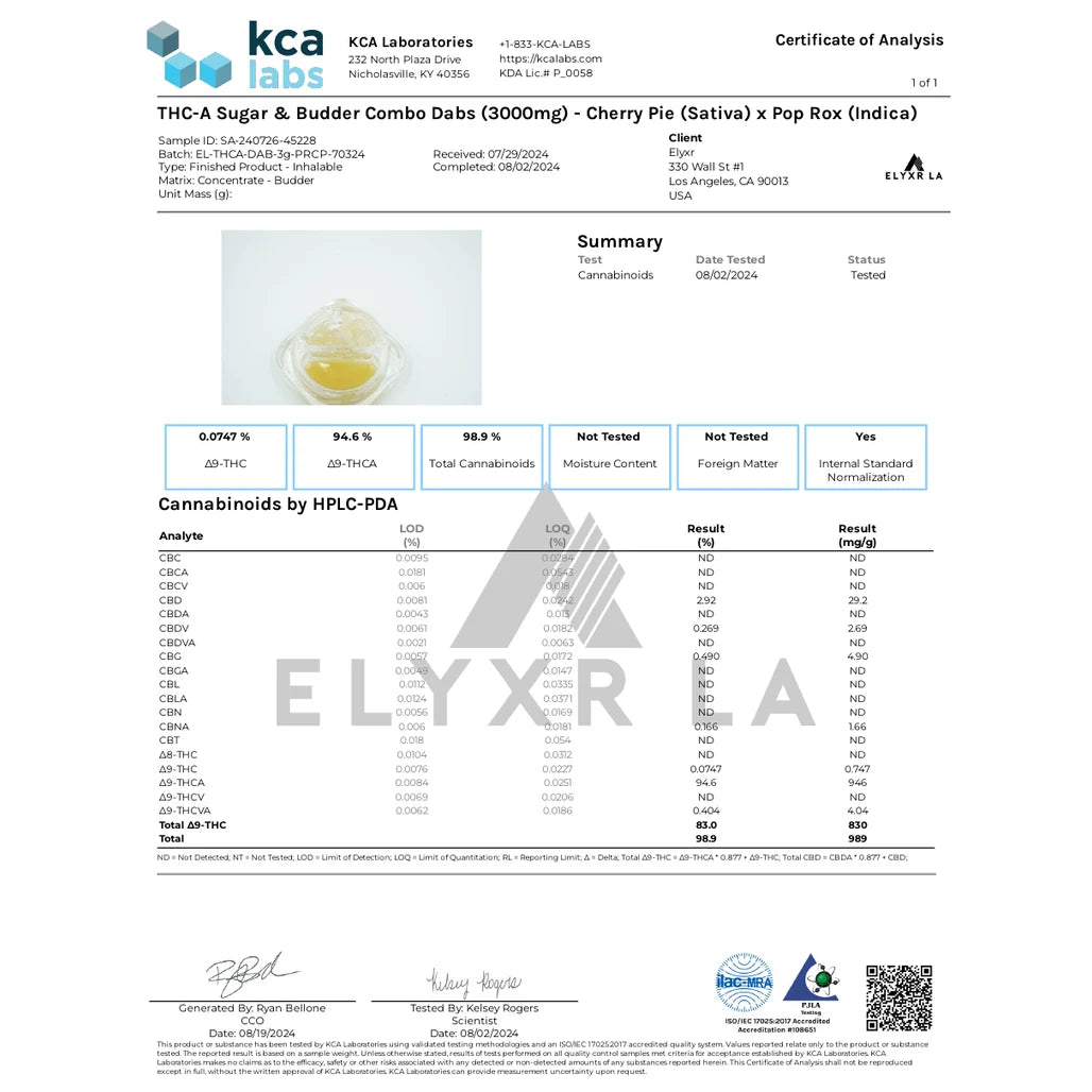 Certificate of analysis: Elyxr THC-A Sugar & Budder Combo Cherry Pie x Pop Rox, KCA Laboratories