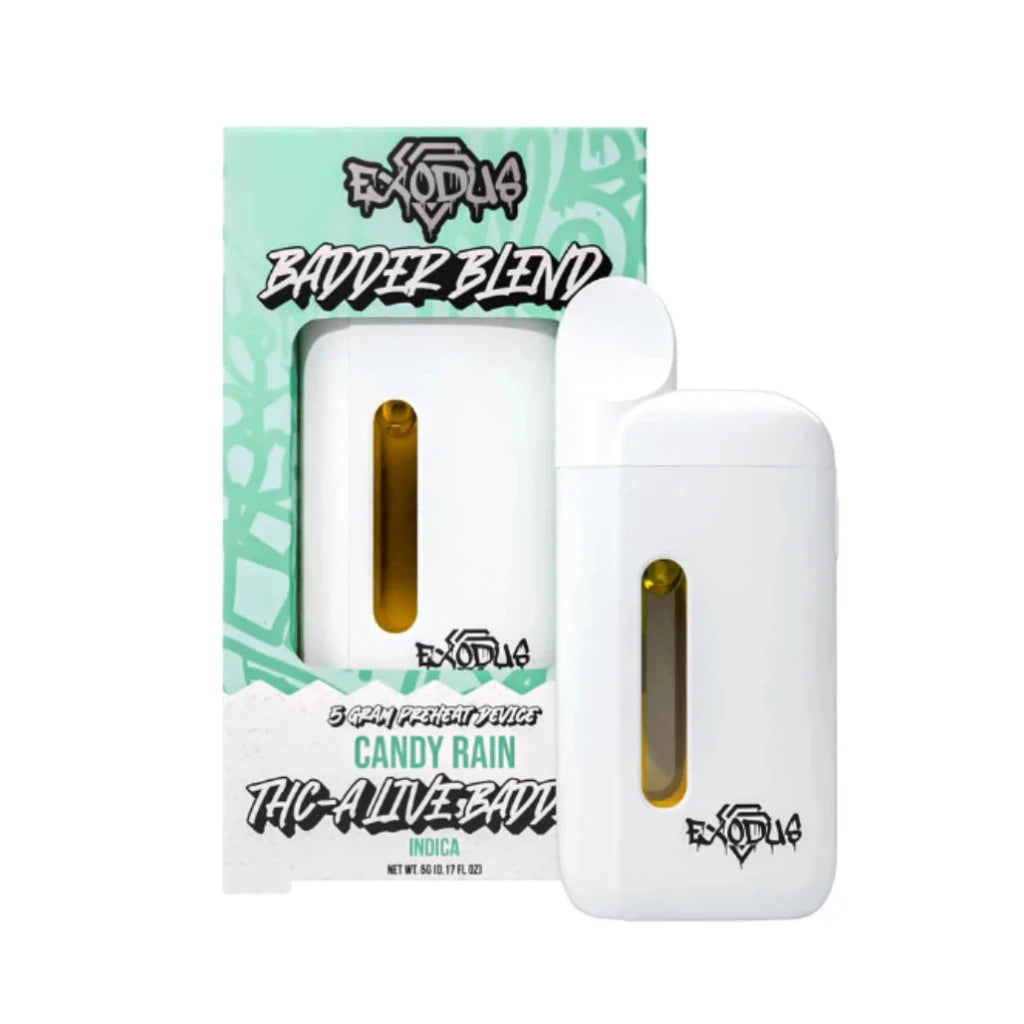 Exodus 5g Badder Blend THCA disposable, Candy Rain indica, 5 gram preheat device