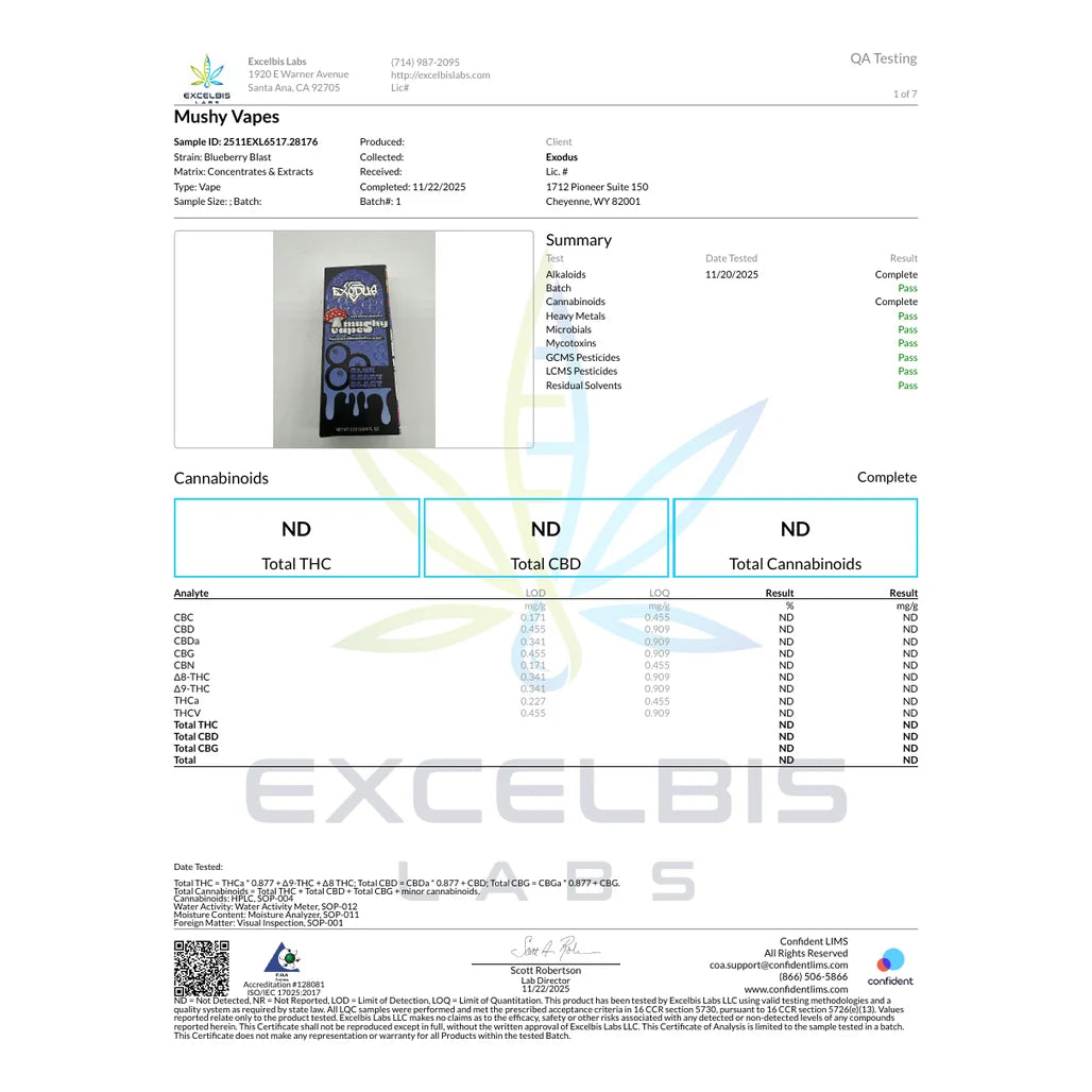 Certificate of analysis: Exodus Mushy Vapes Blueberry Blast, Excelbis Labs