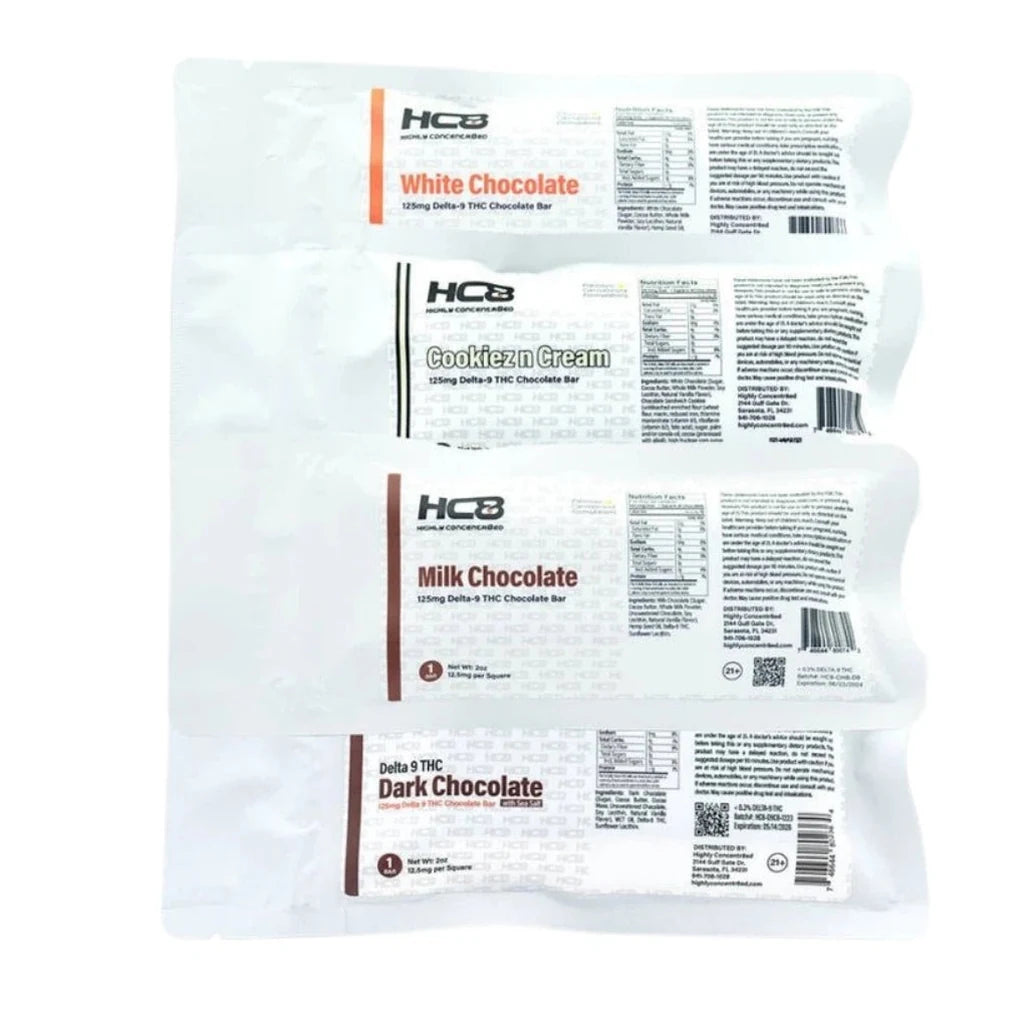 Highly Concentr8ed Delta-9 chocolate bar packages: White Chocolate, Cookiez & Cream, Milk Chocolate and Dark Chocolate