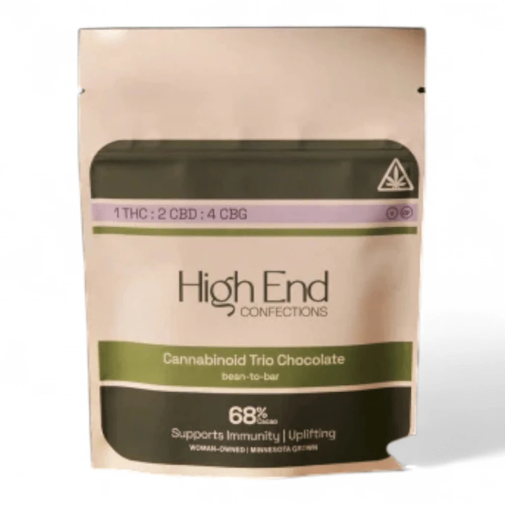 High End Confections Cannabinoid Trio Chocolate pouch, 1 THC : 2 CBD : 4 CBG, 68% cacao