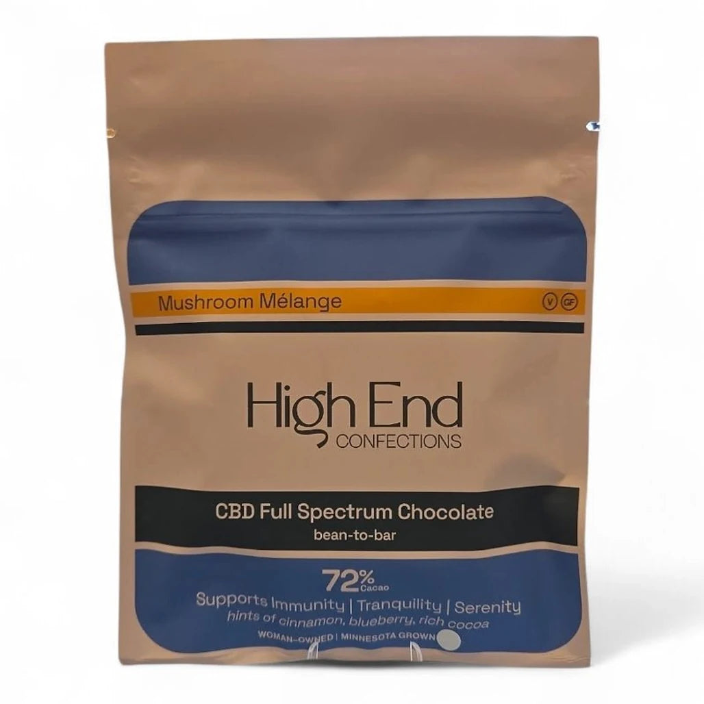High End Confections Mushroom Mélange CBD Full Spectrum Chocolate pouch, 72% cacao
