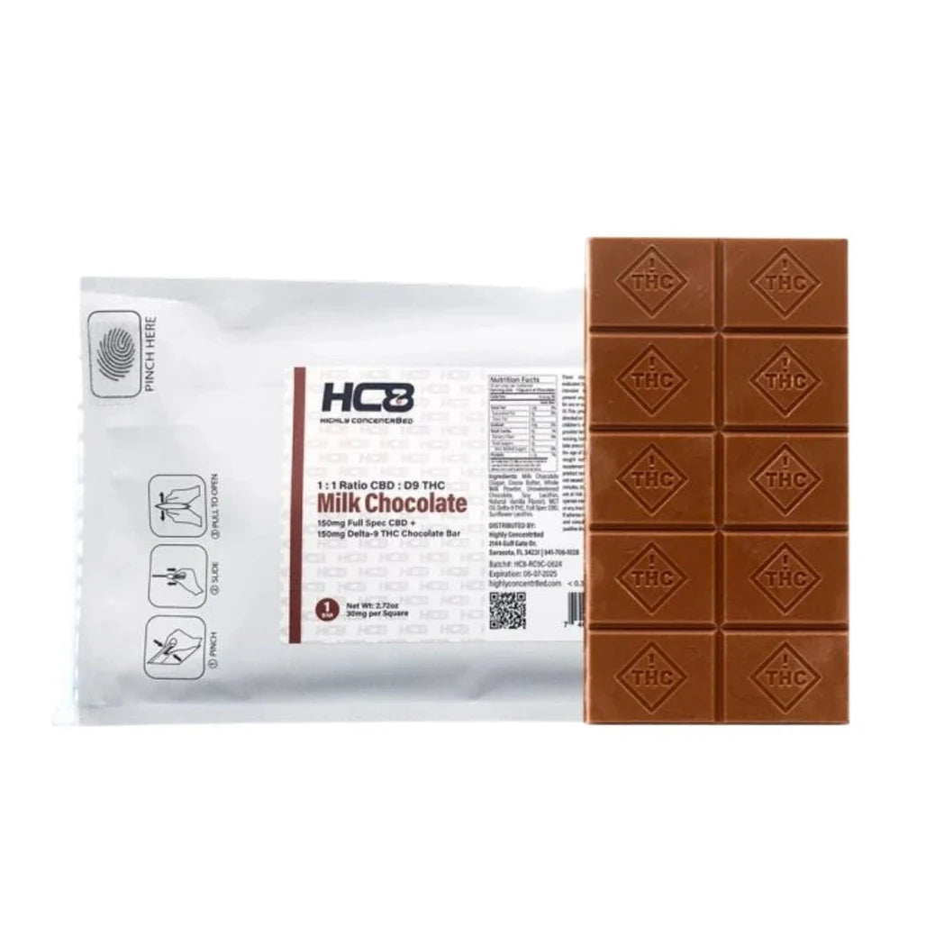 Highly Concentr8ed 1:1 CBD:D9 THC Milk Chocolate bar and package, 150mg full spectrum CBD + 150mg Delta-9 THC