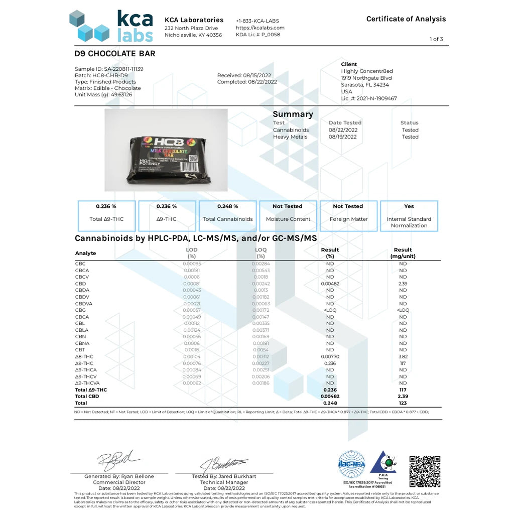 Certificate of analysis: KCA Laboratories, HC8 125mg Delta-9 chocolate bar, batch HC8-CHB-D9, Aug 22, 2022
