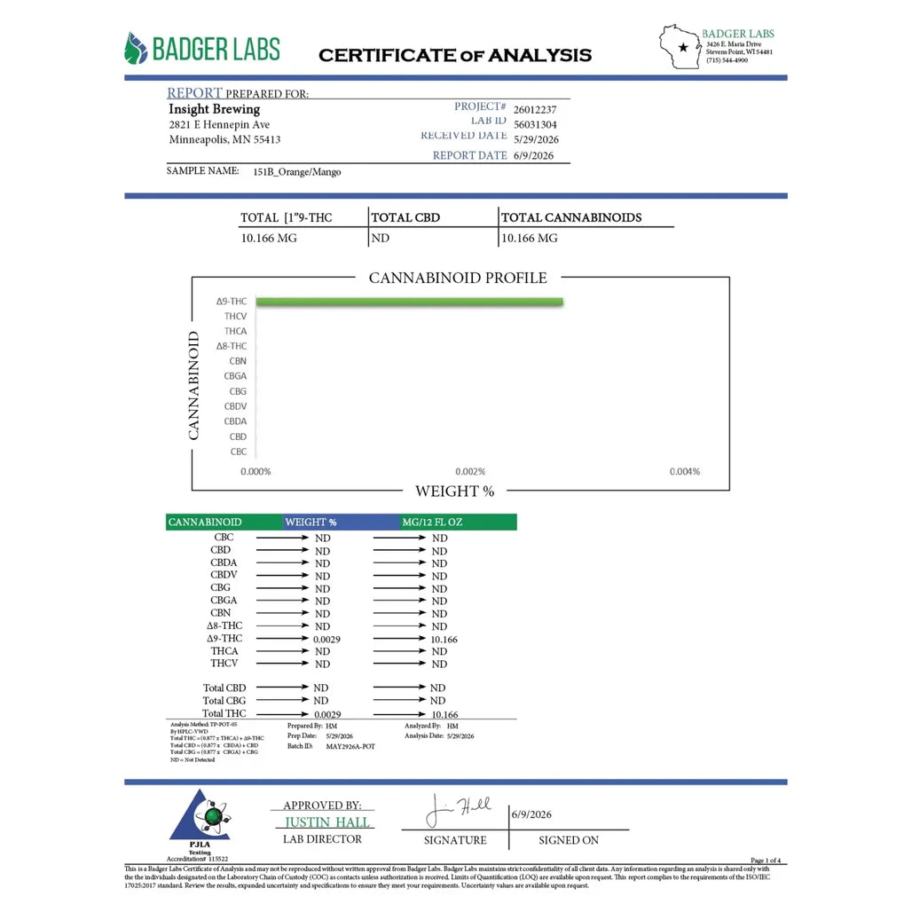 Certificate of analysis: Badger Labs, Orange/Mango, batch 151B, reported Jun 9, 2026