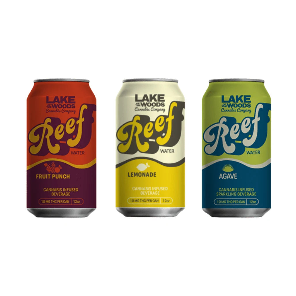 Lake of the Woods Reef cannabis-infused beverage cans: Fruit Punch, Lemonade, Orange