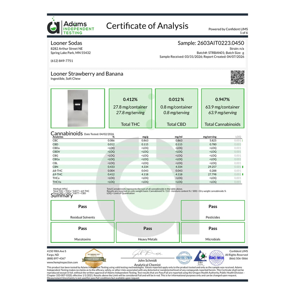 Certificate of analysis: Adams Independent Testing, Strawberry Banana (CBN), batch STRBAN01, reported Apr 7, 2026