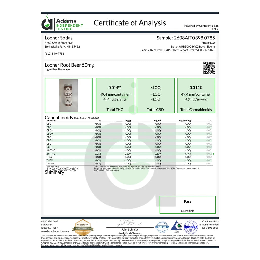 Certificate of analysis: Adams Independent Testing, Classic Root Beer 50mg, batch RB50006WZ, reported Aug 17, 2026
