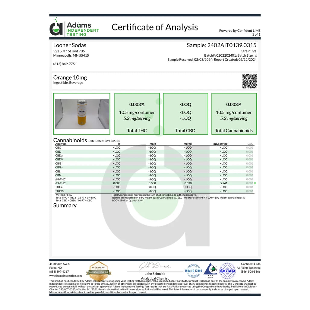 Certificate of analysis: Adams Independent Testing, Orange, batch 0202202401, reported Feb 12, 2024