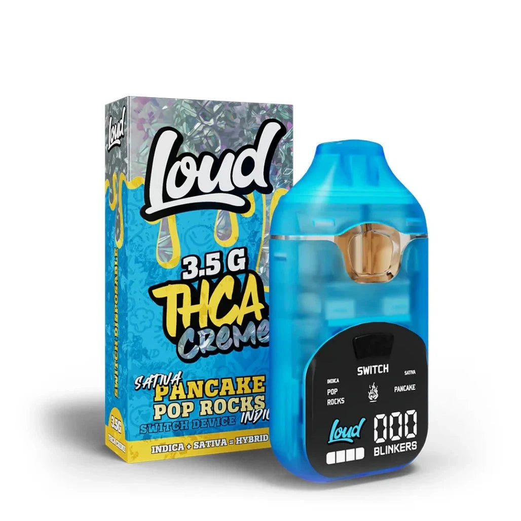 Loud 3.5g THCA Crème Switch dual-chamber disposable, Pancake sativa and Pop Rocks indica