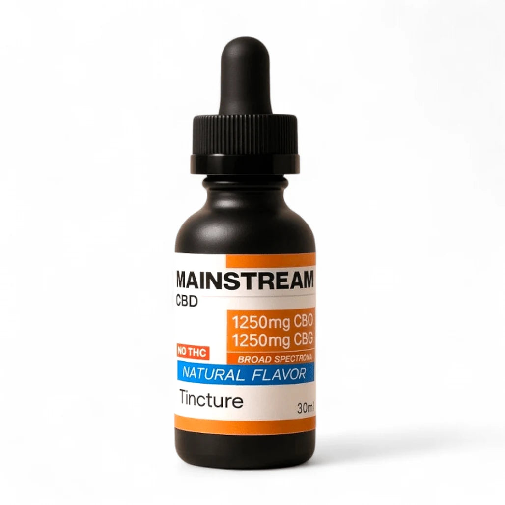 Mainstream CBD Broad Spectrum CBD + CBG Tincture 2500mg, 30mL bottles in Natural and Peppermint