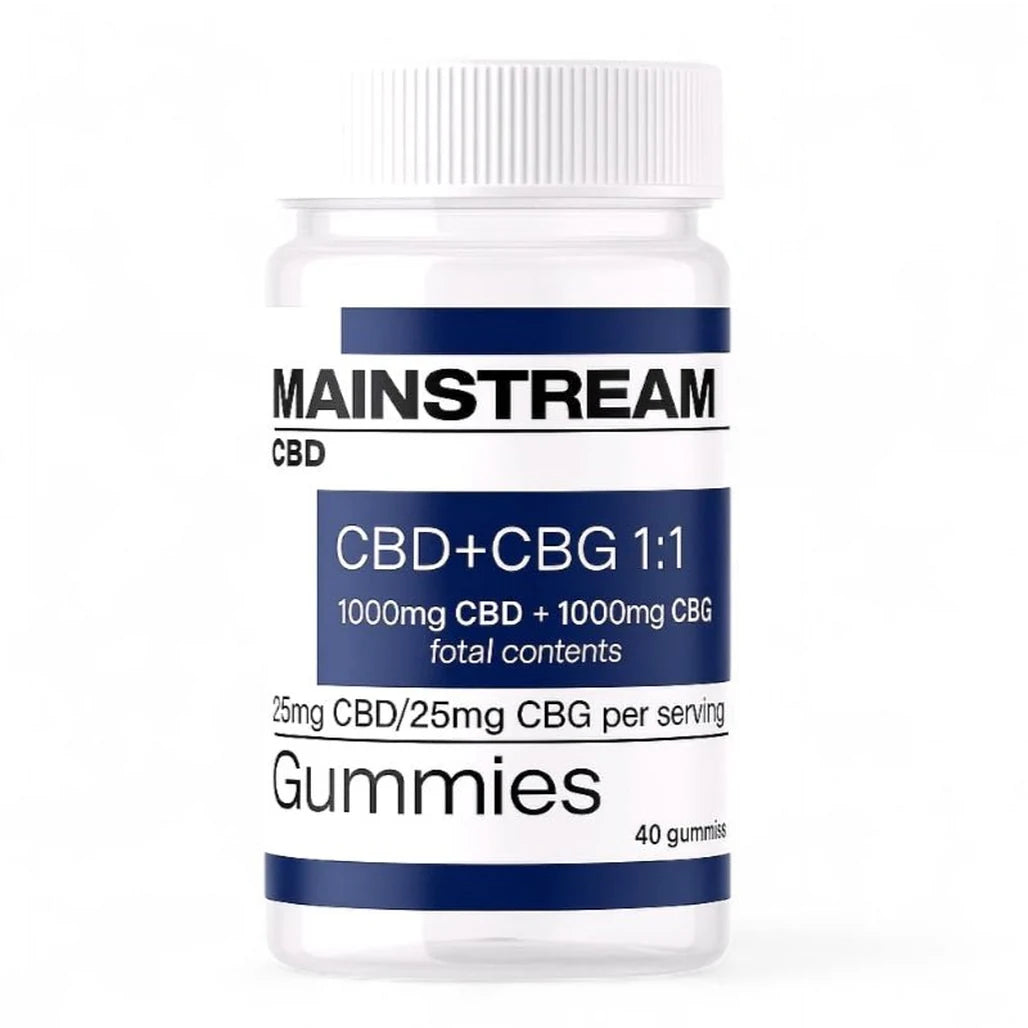 Mainstream CBD + CBG Gummies bottle, 25mg CBD + 25mg CBG per gummy, 40 count