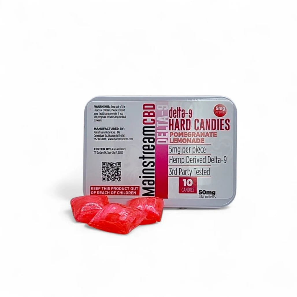 Mainstream CBD Delta-9 THC Hard Candies tin, Pomegranate Lemonade, 5mg per piece, 10 count