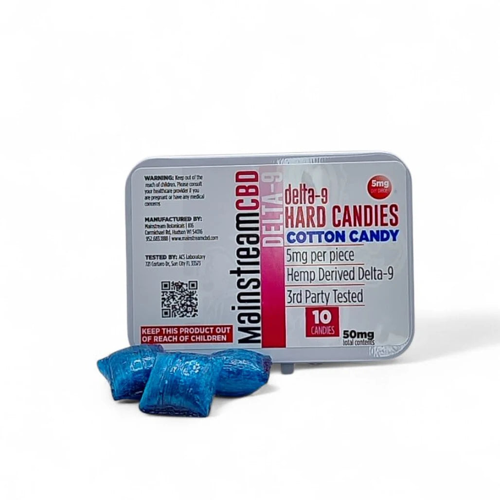 Mainstream CBD Delta-9 THC Hard Candies tin, Cotton Candy, 5mg per piece, 10 count