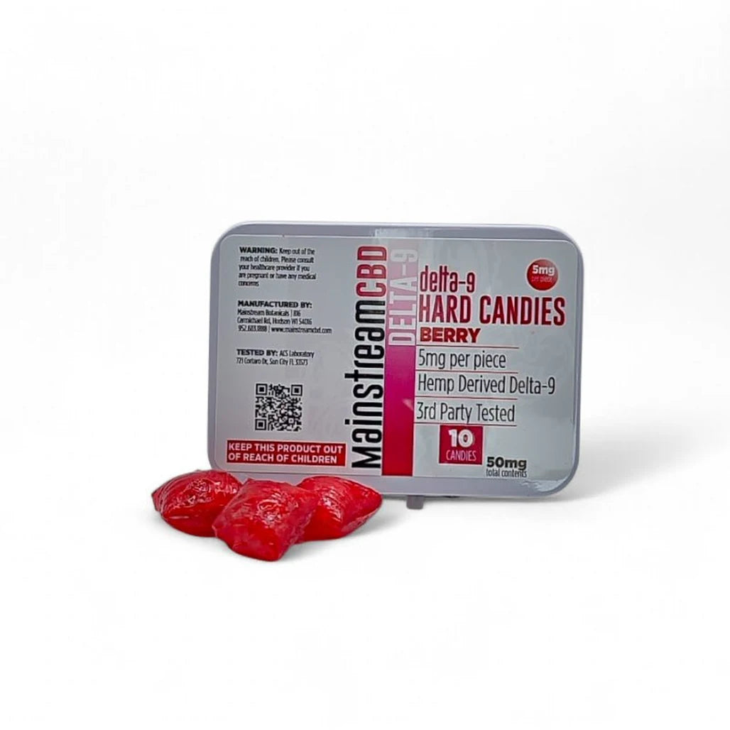 Mainstream CBD Delta-9 THC Hard Candies tin, Berry, 5mg per piece, 10 count