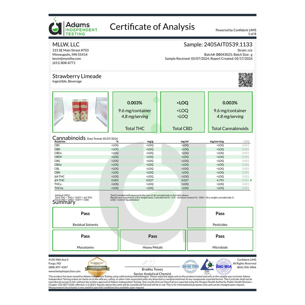 Certificate of analysis: Adams Independent Testing, Strawberry Limeade, batch BB043025, reported May 17, 2024