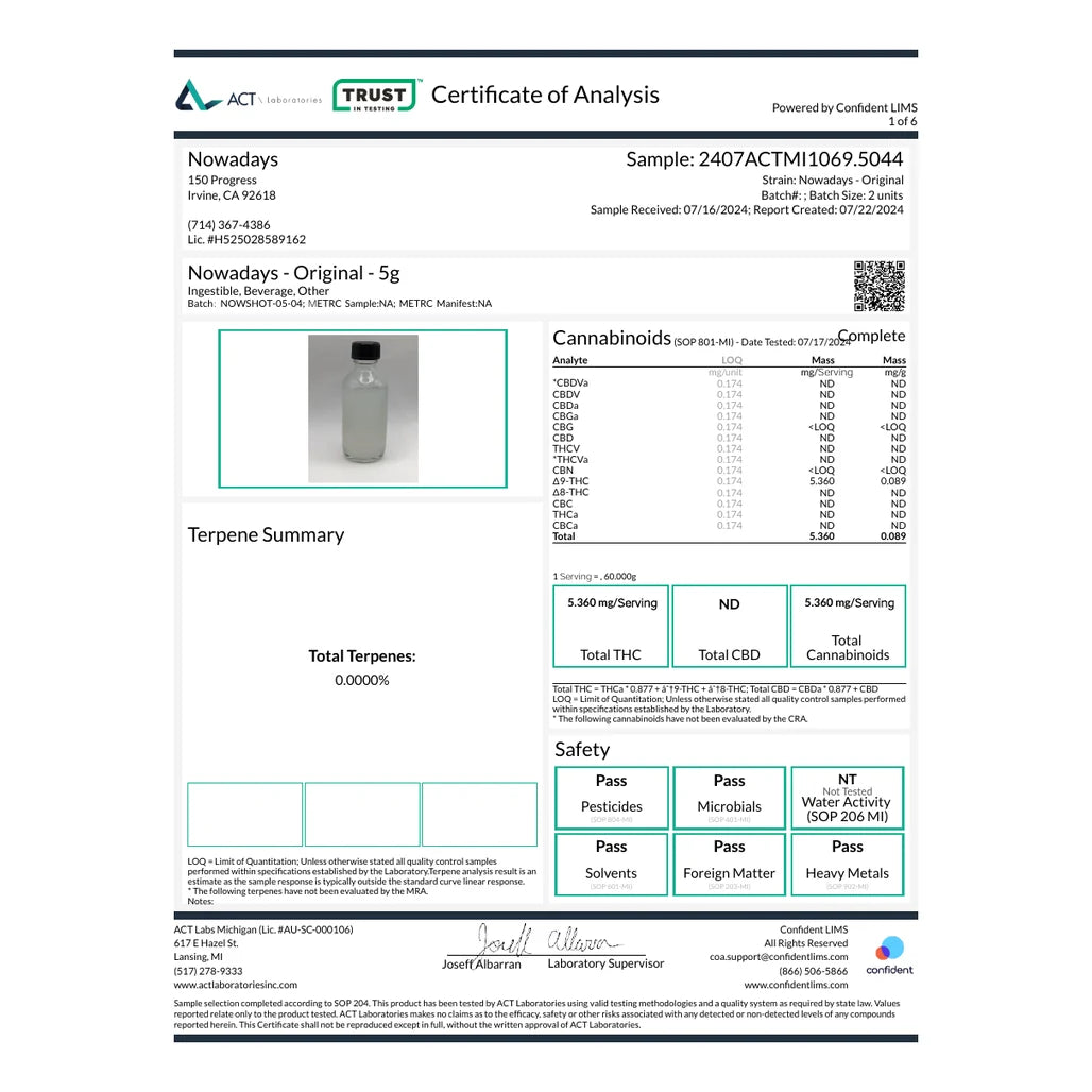 Certificate of analysis: ACT Labs Michigan, 5mg 2oz shot, batch NOWSHOT-05-04, reported Jul 22, 2024