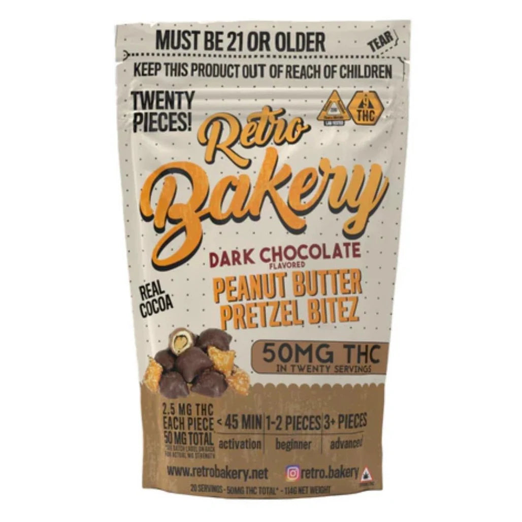 Retro Bakery Dark Chocolate Peanut Butter Pretzel Bitez bag, 50mg THC, 20 pieces