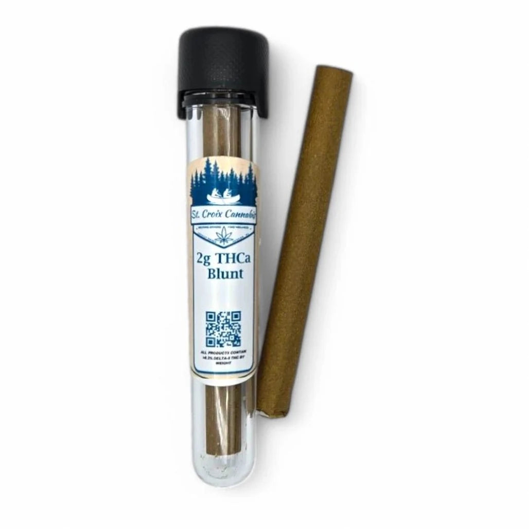 St. Croix Cannabis 2g THCa Blunt in its tube, next to the hemp-wrapped blunt