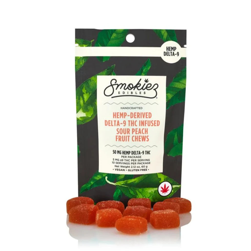 Smokiez Sour Peach Delta-9 THC fruit chews pouch