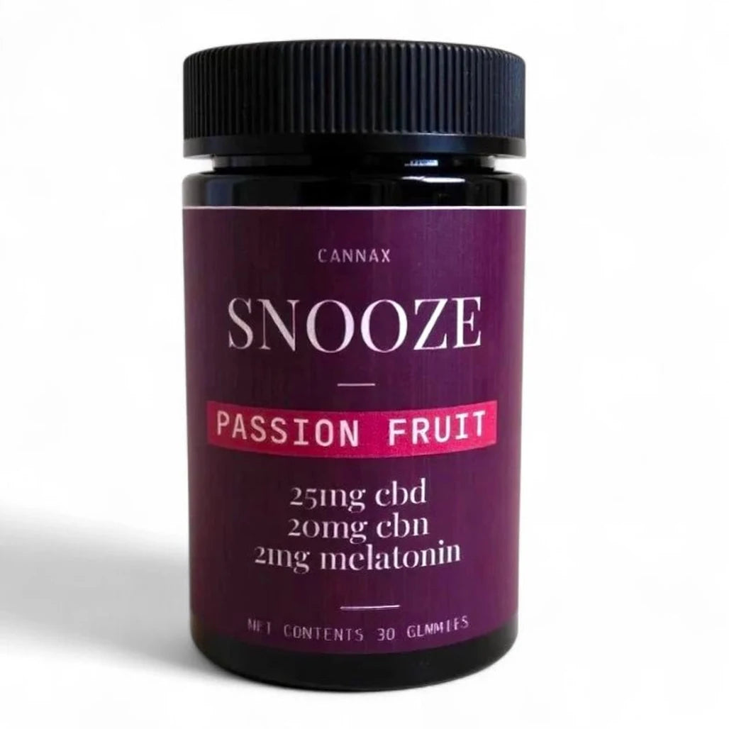 SNOOZE Passionfruit nighttime gummies, 25mg CBD + 20mg CBN + 2mg melatonin, 30 count