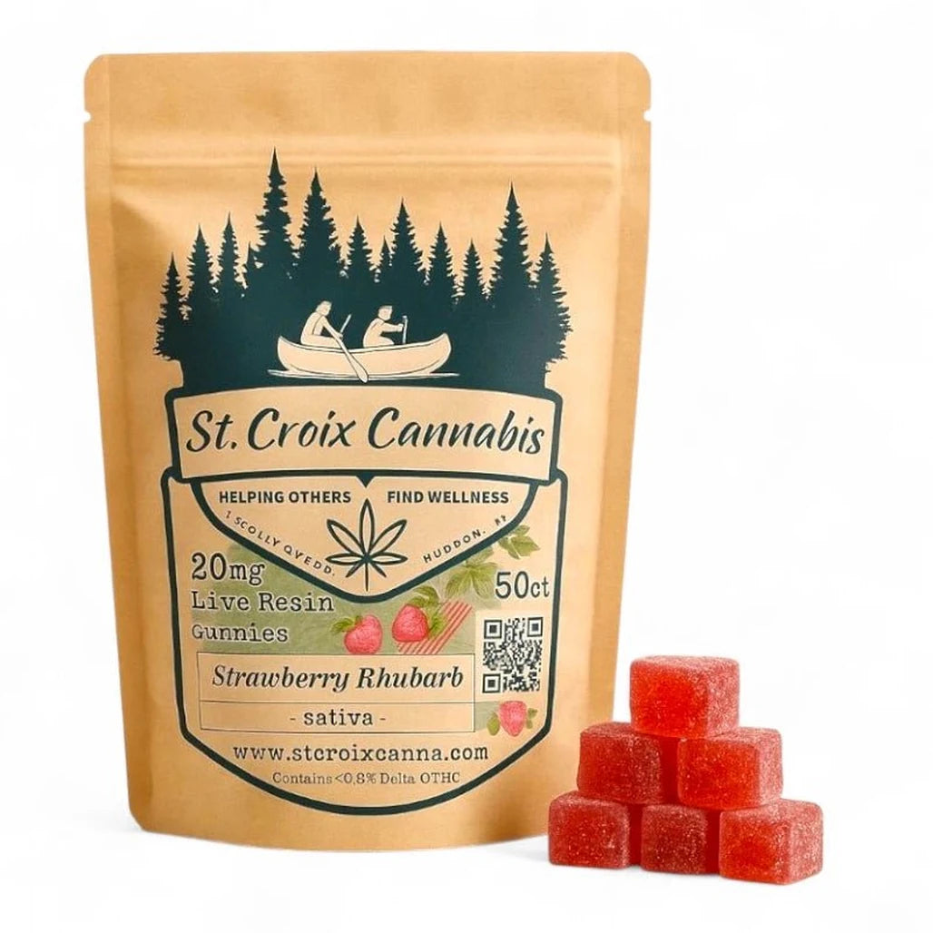 St. Croix Canna Strawberry Rhubarb (Sativa) 20mg live resin gummies, 50 count pouch