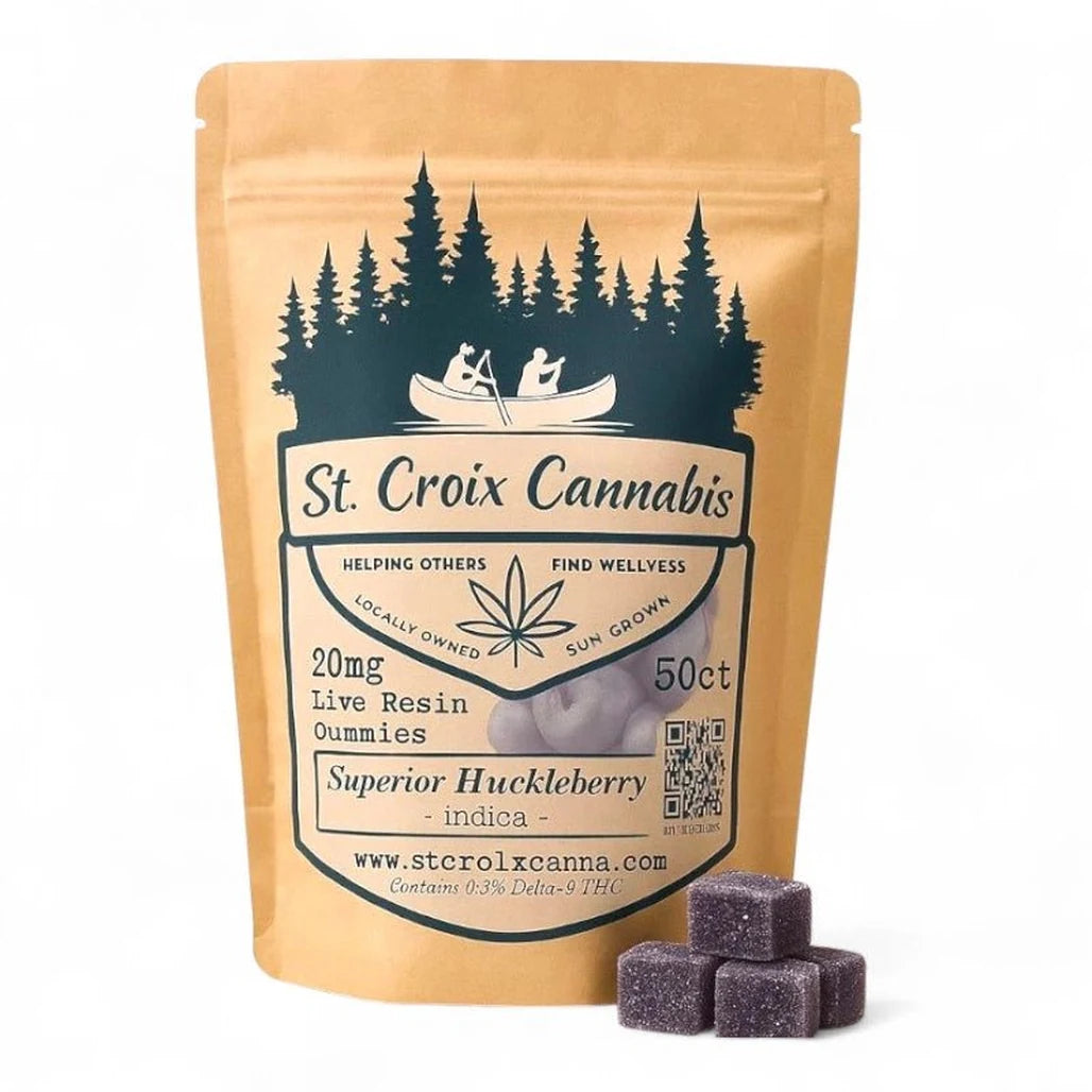 St. Croix Canna Superior Huckleberry (Indica) 20mg live resin gummies, 50 count pouch