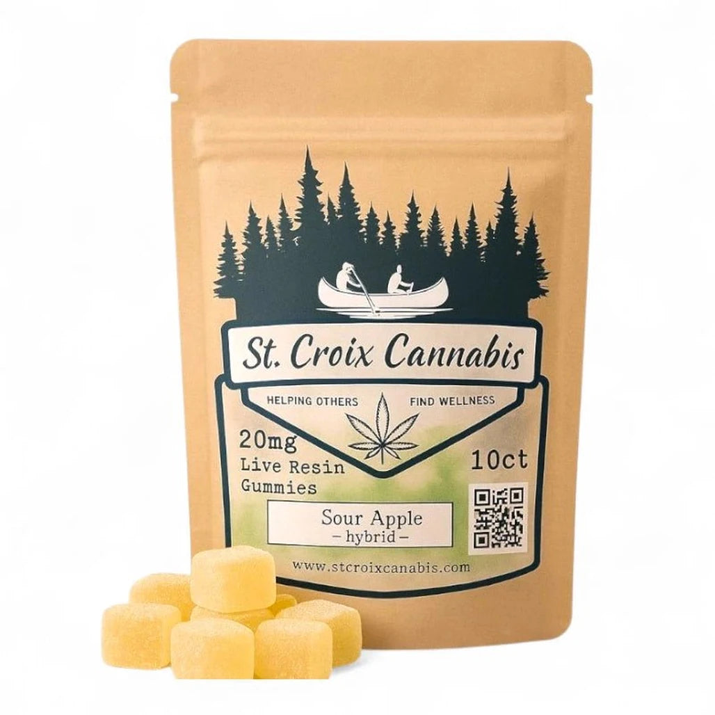 St. Croix Canna Sour Apple (Hybrid) 20mg live resin gummies, 10 count pouch